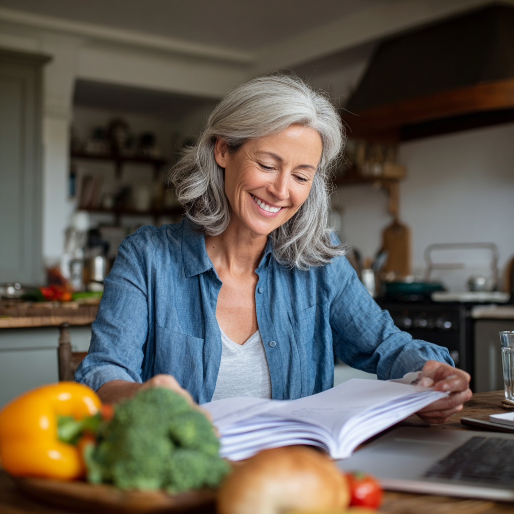 Happy middle-aged woman reviewing her personalized nutrition plan results