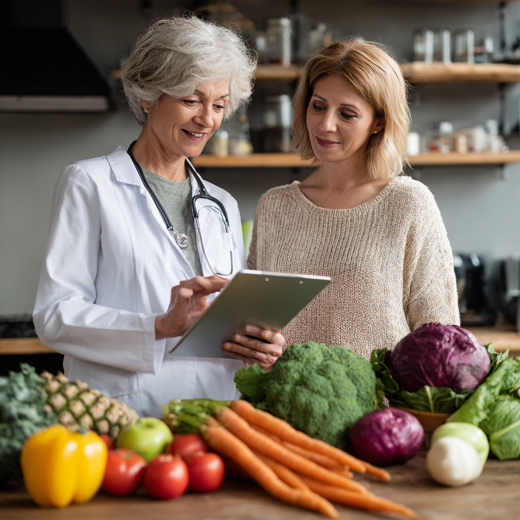 Nutritionist consulting with middle-aged client about personalized meal planning